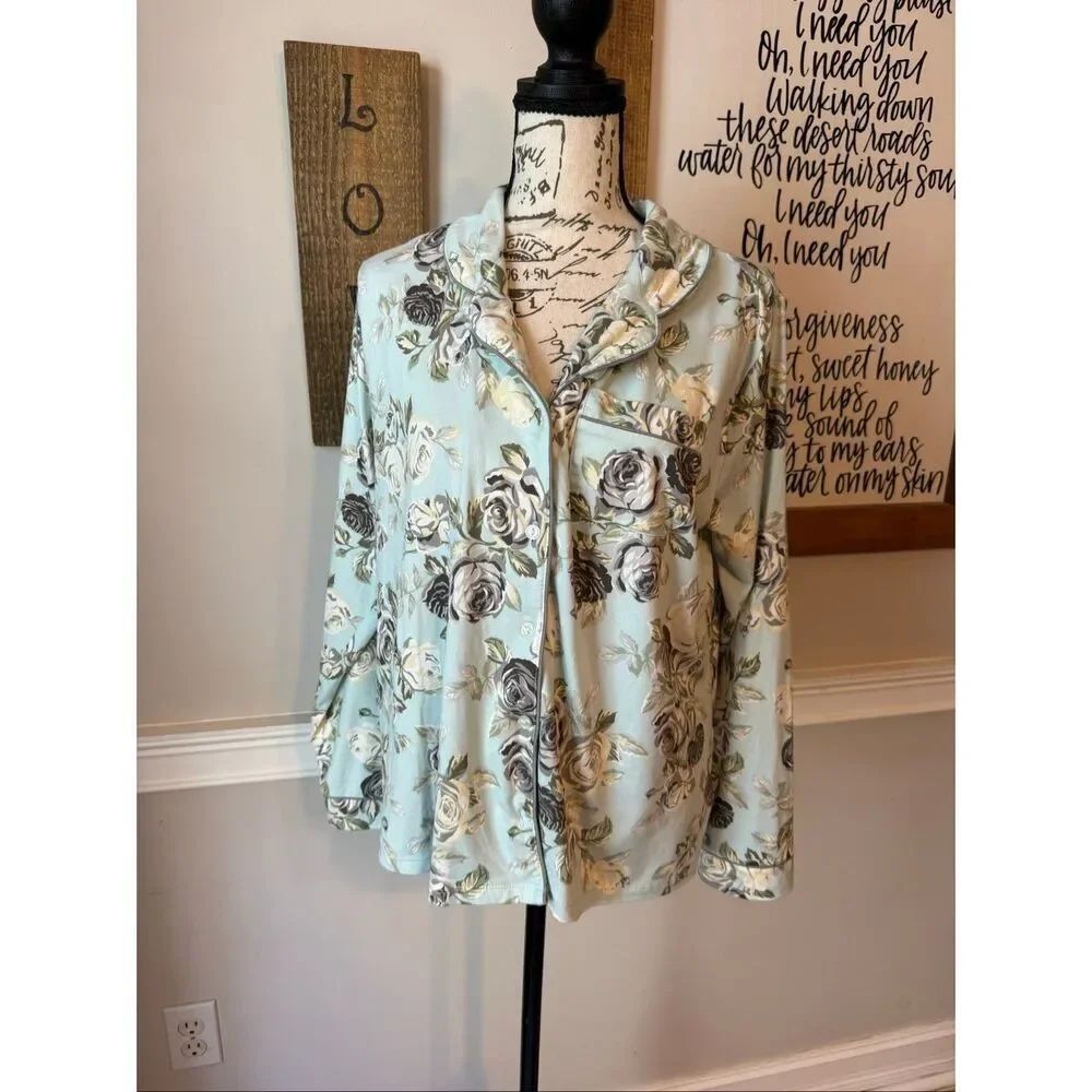 Flora By Flora Nikrooz Womens Floral Button-up Sleepshirt PJ Top Blue Gray Small
